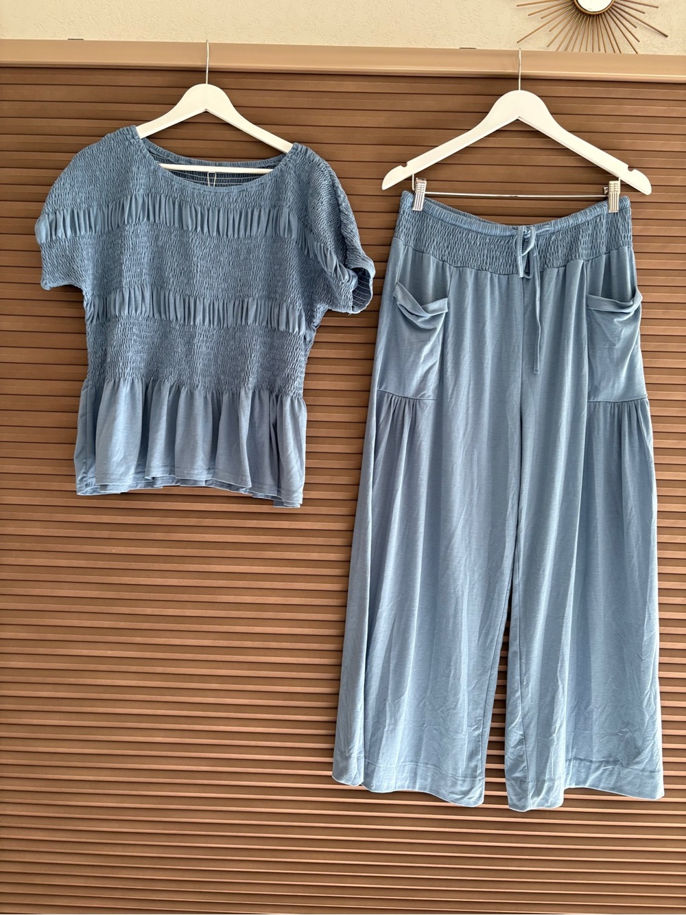 Women's Wide-Leg Lounge Pants & Smocked Top Set - Dusty Blue